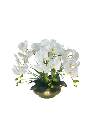 Yapay Çiçek 5li Beyaz Islak Orkide Metal Yuvarlak Eski Gold Vazoda Orkide 50cm