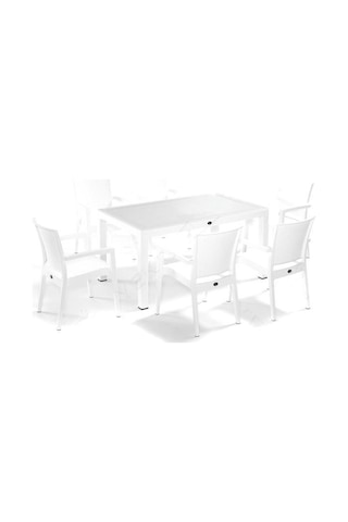 Novussi Liverno Rattan BEYAZ Masa Takımı 90*150 Camlı Masa 6 Adet Beyaz