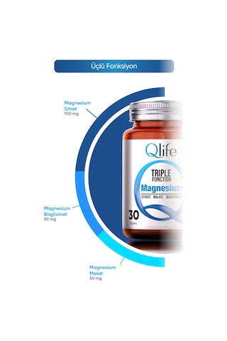 Qlife Magnezyum Triple Sitrat ve Malat ve Bisglisinat 30 Tablet﻿﻿
