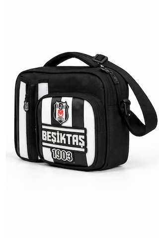 Beşiktaş Lisanslı Çubuklu Desen Rubber Logolu Su İtici Kumaşlı Beslenme Çantası Siyah - Beyaz