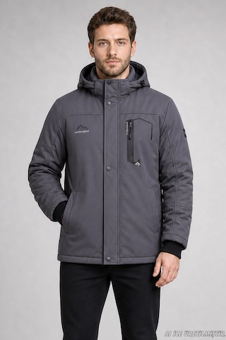 Freemen Erkek Kapüşonlu İçi Kürklü Su Ve Rüzgar Geçirmez Outdoor Softshell Mont-414 Gri
