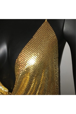 Hazego Parlak Gold Crop & Bluz Kolsuz Kayık Yaka Zırh Büstiyer Std