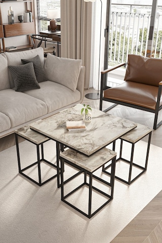 Lizbon 4+1 Kare Sehpa Takımı Siyah Metal - Beyaz Mermer Tabla