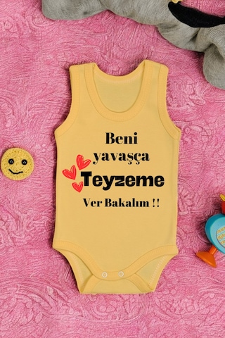 Bebetospik %100 Pamuklu Beni Yavaşça Teyzeme Ver Baskılı Yumuşak Doku Baskılı Zıbın & Body Sarı
