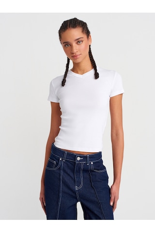 Dilvin 31673 V Yaka T-shirt-beyaz Beyaz