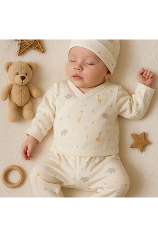Babydonat Zürafa Desenli 3 Parça Erkek Bebek Hastane Çıkışı % 100 Pamuk Beyaz