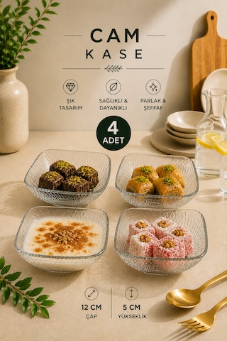 4 Adet Aster Çok Amaçlı Cam Kase Çerezlik Kahvaltılık Set Kare Sunumluk 12,5 Cm Şeffaf
