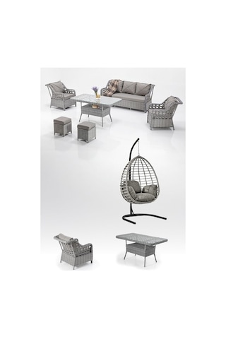 Dora Garden Home Ecem 7 Kişilik Rattan Bahçe Mobilyasi-tek Kişilik Salıncak Seti - Açık Gri Siyah Çizgili