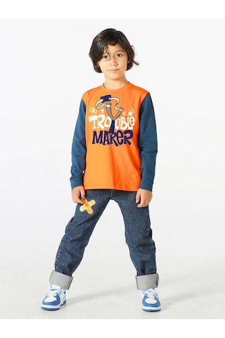 Casabony Trouble Maker Denim Pantolon +T-Shirt Takım-Indigo - Turuncu İndigo - Turuncu