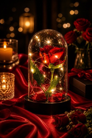 Led Işıklı Cam Fanus Solmayan Gül Sevgiliye Romantik Özel Gün Hediyesi Dekoratif Gece Lambası