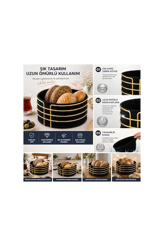 Gold Detaylı Galvaniz Metal Bezli Yuvarlak Ekmek Sepeti 22x11 Cm Yıkanabilir Kumaşlı Modern Şık Sunumluk Siyah