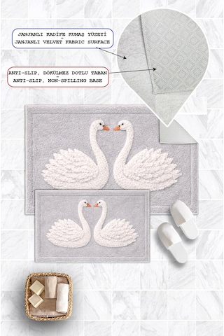 Kuğu Desenli Dijital Baskılı Yıkanabilir 2li Banyo Paspası 50x60-60x100 Gri