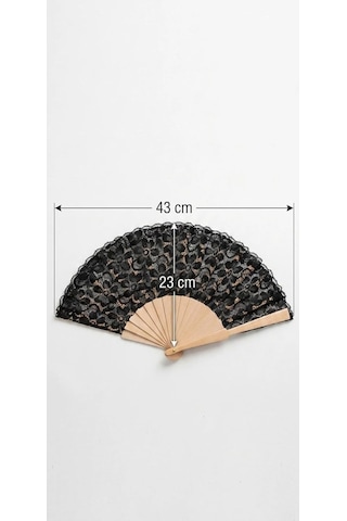 Dantel Detaylı Bambu Katlanır El Yelpazesi, Siyah, 43 X 23 Cm, Çiçek Desenli