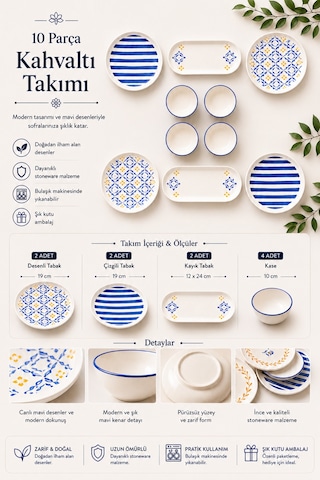 10 Parça 4 Kişilik Oceana Stoneware Kahvaltı Takımı - Özel Desenli Kahvaltılık Servis Sunum Seti Çok Renkli