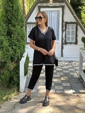 Ezel Glory Kadın Kısa Kollu V Yakalı Iki Iplik Bluz Ve Pantolon Ikili Takım Siyah