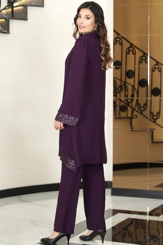 Umay Şifon Tunik Pantolon İkili Tesettür Takım Mürdüm Mürdüm
