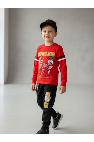 Zekids Erkek Çocuk Pamuklu Bowling Baskılı Pijama Takımı-16821 Kırmızı