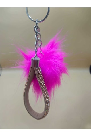 Camel Taşlı Tilki Tüyü Fuşya Angel Anahtarlık