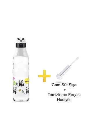 Panda Desenli Cam Şişe 1 Lt Şişe Temizleme Fırçası Hediye