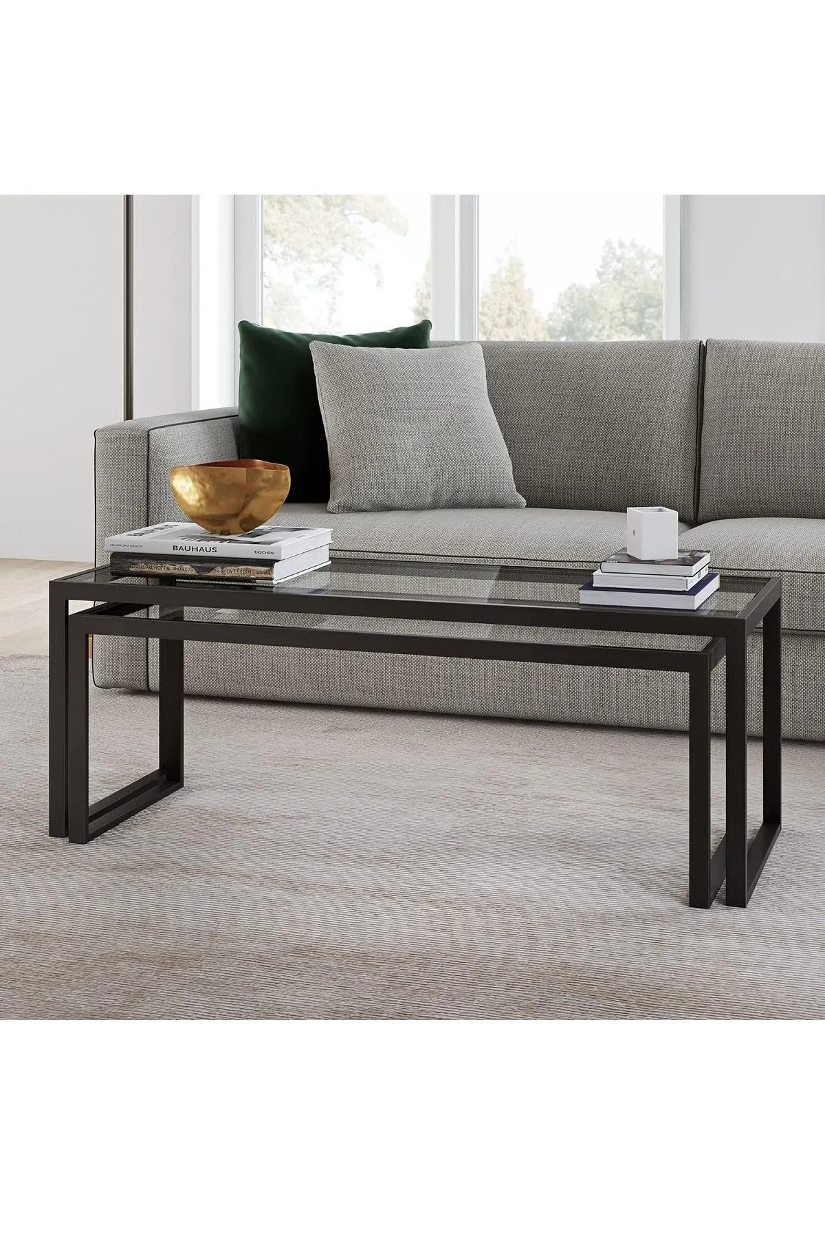 Modern 2 Li Metal Iskeletli Temper Camlı Zigon Orta Sehpa Siyah-şeffaf