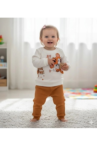 Kız Bebek Baskılı Çıt Çıtlı Alt Üst İkili Gündelik Takım 6-18 Ay Kahverengi