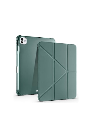 Apple Uyumlu iPad Pro 11 2025 M5 Kılıf Mkst Tri Folding Kalem Bölmeli Standlı Kılıf - Koyu Yeşil Tablet Kılıfı