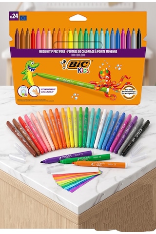 Keçeli Kalem 24 Renk 1 Paket Bic Kid Couleur 24 Lü Keçeli Kalem Canlı Renkler Yıkanabilir Kaliteli Okul Öğrenci