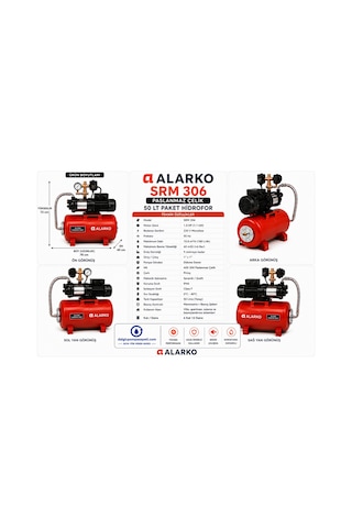 Alarko Srm 306 - 1.5 Hp 220v 50 Lt Tanklı Yatay Paslanmaz Çelik Paket Hidrofor 6 Kat / 12 Daire
