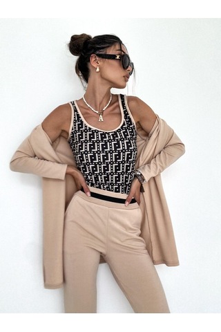 Modasize Kadın Uzun Kollu Krep Üçlü Takım Bej