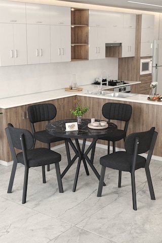 Gnr 90cm Sabit Siyah Mutfak Masası Takımı, Yemek Masası, 4 Modern Siyah Sandalye Siyah