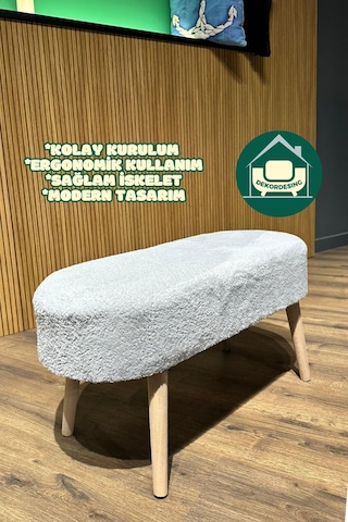 Paris Retro Ahşap Ayaklı Geniş Oturum Alanlı Oval Bench Puf Gri