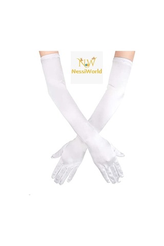 Nessiworld Beyaz Renk Dirseğe Kadar Uzun Kumaş Eldiven 40 Cm
