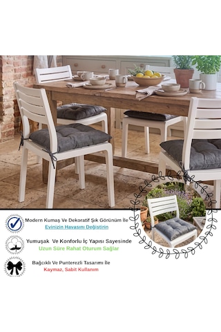 2'li Set 45x45 Cm Antrasit Bağcıklı Sandalye Minderi - Pamuk Polyester Kumaş Kırpıntı Süngerli Bahçe Ve Mutfak Sandalye Minderi Antrasit - Gri