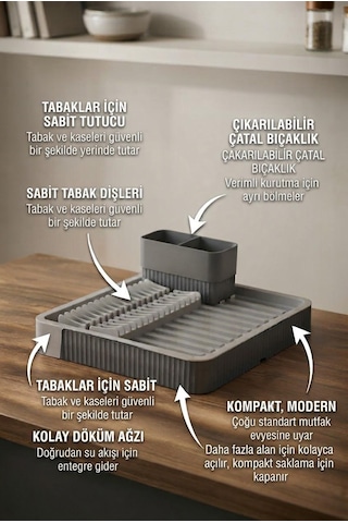 Açılır Kapanır Sürgülü Bulaşıklık, Tabaklık Ve Kaşıklık Gri Tezgâh Üstü Bulaşık Kurutmalık 0