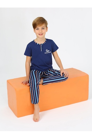 Vitmo Erkek Çocuk Kısa Kollu %100 Pamuklu Düğme Detaylı Wave Pijama Takımı İndigo