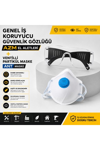 Azm El Aletleri Genel Iş Koruyucu Güvenlik Gözlüğü + Ant Maske Ventilli Partikül Maskesi Koruyucu Set Şeffaf Lens Iş Güvenliği Seti