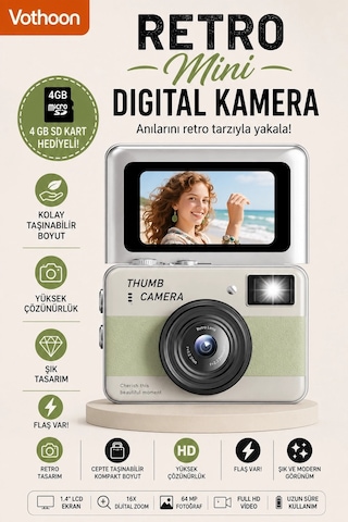 Retro Mini Dijital Kamera 1080p 1.47 İnç Flip Ekranlı Flaşlı Selfie Vlog Kamerası 4gb Sd li Ye