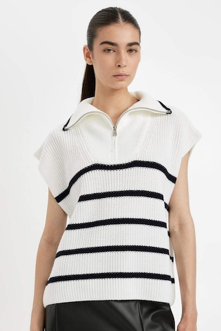 Defacto Regular Fit Çizgili Yarım Fermuarlı Dik Yaka Selanik Kumaş Triko Süveter C9307AX24WNER105 Ekru