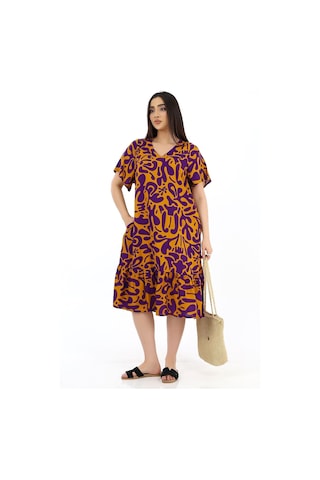 Schık Kadın Viskon Yarım Kol V Yaka Cepli Fırfırlı Elbise Mor Mor