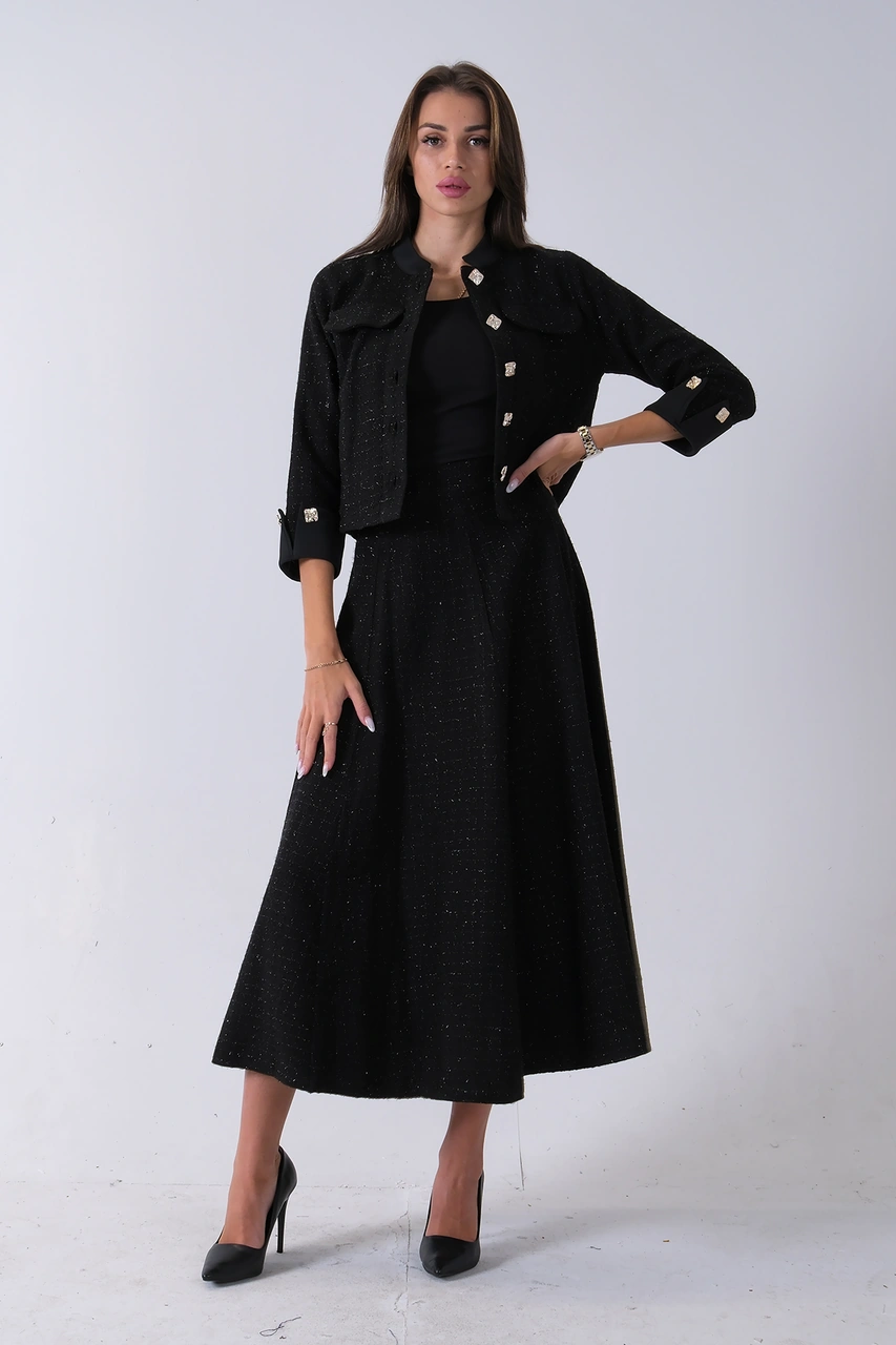 Feminist Siyah Önü Düğme Kapamalı Crop Ceket Etekli Tüvid Takım 45950601.01 Siyah