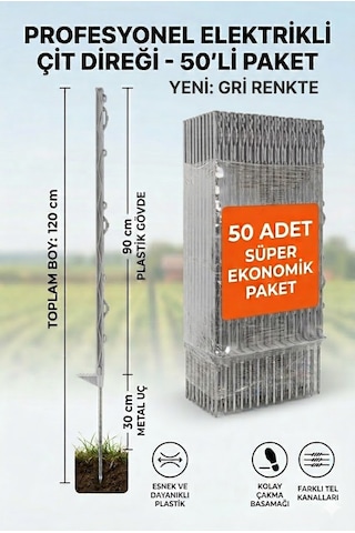 50 Adet 120cm Elektrikli Çit Plastik Direği Kendinden İzolatörlü Ayak Basmalı Çit Kazığı