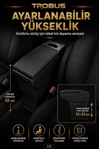 Trobus Isuzu D-max 2002-2026 Uyumlu Ayarlanabilir Ayaklı Kolçak Kol Dayama Bardaklıklı Siyah
