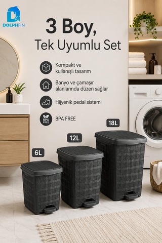 Jute 3 Lü Pedallı Çöp Kovası Seti Kapaklı Büyük Boy Plastik Banyo Mutfak Ofis Atık Kovası Siyah