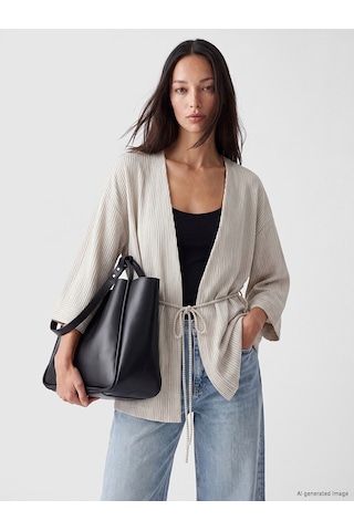 Lcw Studıo Bej Şal Yaka Çizgili Kuşaklı Kadın Kimono