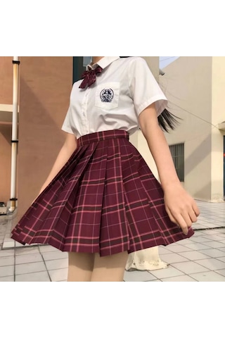 3 Adet Kadın Anime Okul Üniforması Seti Şarap Kırmızı Pilili Etekler Yaz Jk Gömlek Uzun Kollu Ceket Mini Ekose Etek Takım Elbise Şarap Kırmızısı Bordo