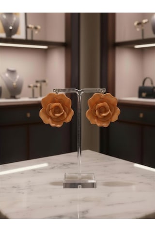 Kadın Küpe Büyük Turuncu Gül Model - 6 Cm Minimalist Halka/çivili Gül Çiçek Küpe