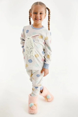 Kız Çocuk Pamuklu Uzun Kollu Tavşanlı Pijama Takımı-11393 Bej