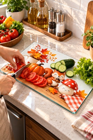 Gökçeoğlu Cam Kesme Tahtası Sonbahar Temalı - Cam Kesme Tablası 20cm X 30cm Çok Renkli
