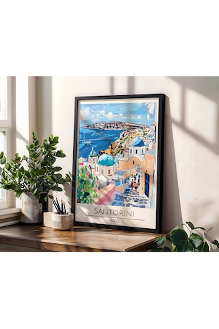 Santorini Oia Greece Travel Poster Ahşap Çerçeveli Dekoratif Duvar Tablosu