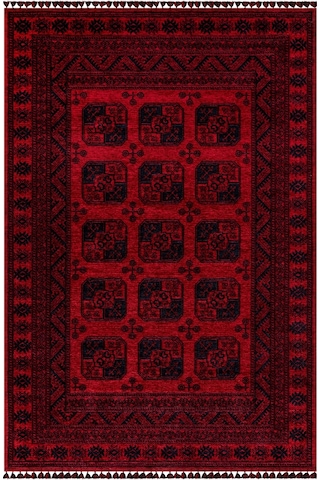 Kırmızı Renkli Afgan Tarzı Altı Kaymaz Yıkanabilir Şönil Kilim-56